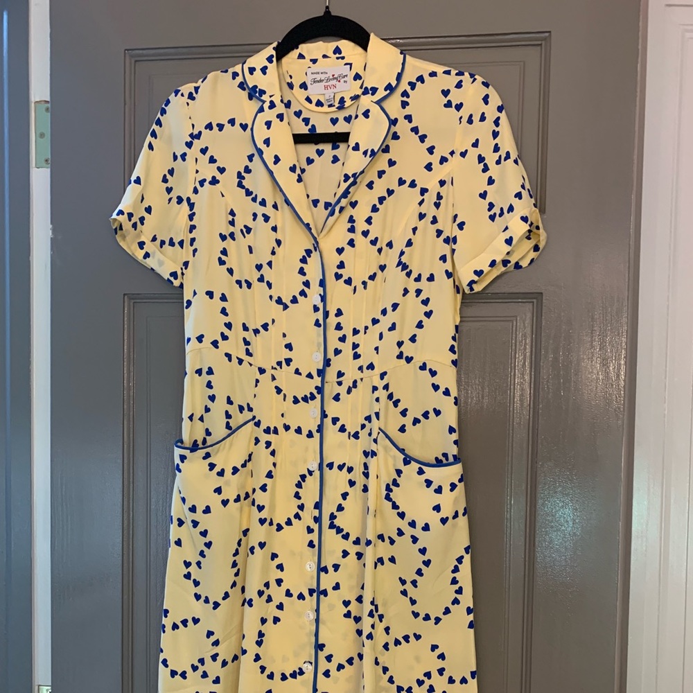 HVN Dress Yellow With Blue Hearts Silk Sz 2
